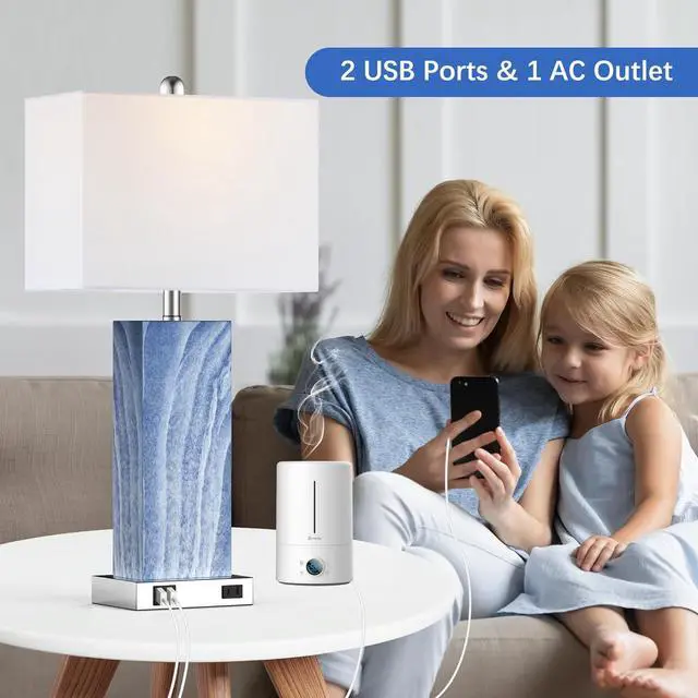 Alt view image 3 of 7 - Touch Control Table Lamps with White Fabric Shade Set of 2, 3-Way Dimmable Modern Ceramic Blue Nightstand Bedside Lamp with 2 USB Ports 1 AC Outlet for Living Room, Bedroom (LED Bulbs Included)