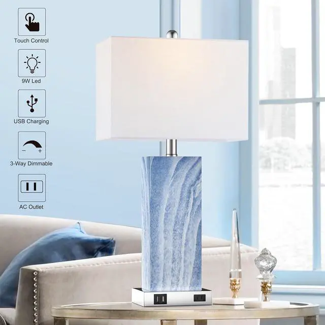 Alt view image 4 of 7 - Touch Control Table Lamps with White Fabric Shade Set of 2, 3-Way Dimmable Modern Ceramic Blue Nightstand Bedside Lamp with 2 USB Ports 1 AC Outlet for Living Room, Bedroom (LED Bulbs Included)