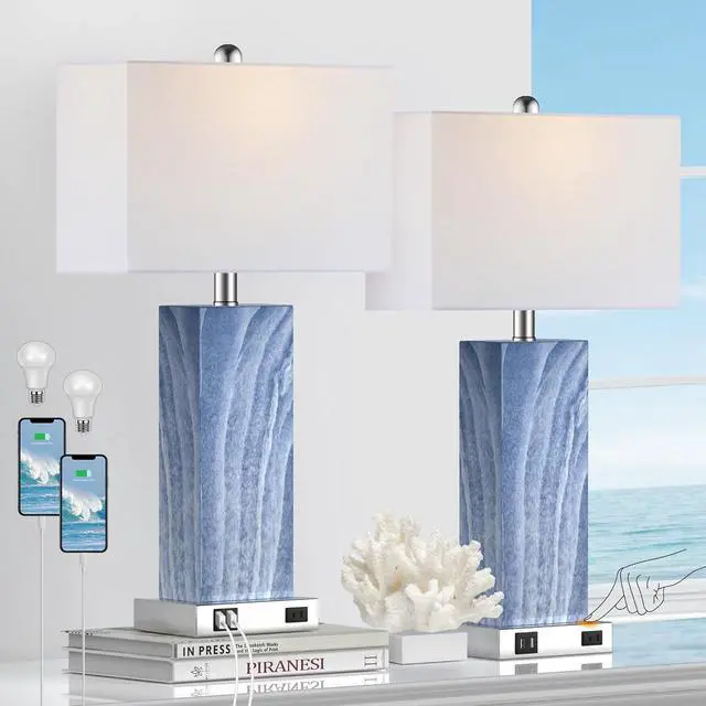 Alt view image 7 of 7 - Touch Control Table Lamps with White Fabric Shade Set of 2, 3-Way Dimmable Modern Ceramic Blue Nightstand Bedside Lamp with 2 USB Ports 1 AC Outlet for Living Room, Bedroom (LED Bulbs Included)