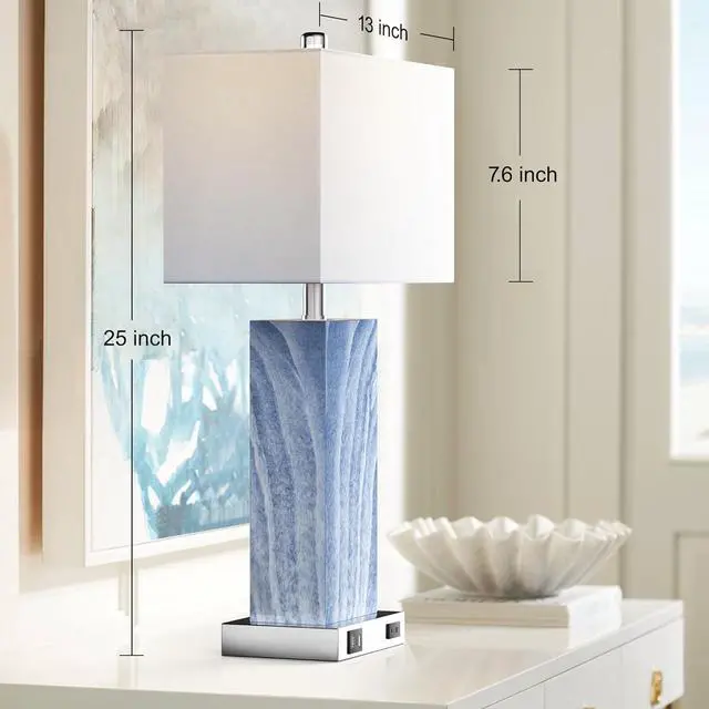 Alt view image 5 of 7 - Touch Control Table Lamps with White Fabric Shade Set of 2, 3-Way Dimmable Modern Ceramic Blue Nightstand Bedside Lamp with 2 USB Ports 1 AC Outlet for Living Room, Bedroom (LED Bulbs Included)
