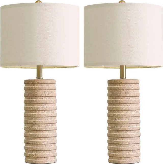 Main image of PoKat 27" Stone-Like Farmhouse Ceramic Table Lamps Set of 2 for Bedroom, Boho Nightstands Lamps for Night Stands, Distressed Beige Bedside Lamps with Natural Textured for Living Room, Sand-Colored