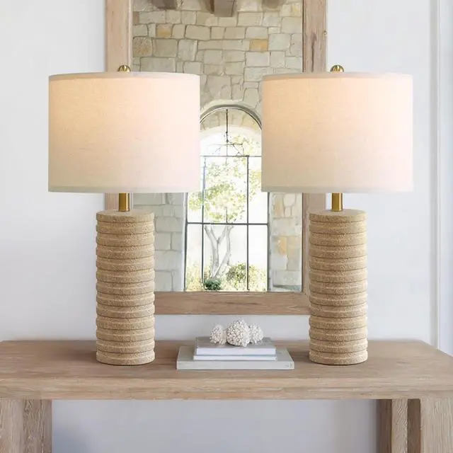 Alt view image 4 of 7 - PoKat 27" Stone-Like Farmhouse Ceramic Table Lamps Set of 2 for Bedroom, Boho Nightstands Lamps for Night Stands, Distressed Beige Bedside Lamps with Natural Textured for Living Room, Sand-Colored