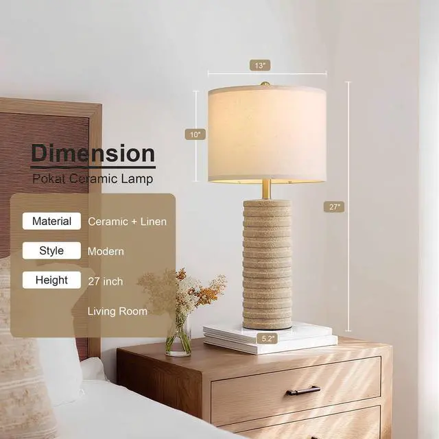 Alt view image 7 of 7 - PoKat 27" Stone-Like Farmhouse Ceramic Table Lamps Set of 2 for Bedroom, Boho Nightstands Lamps for Night Stands, Distressed Beige Bedside Lamps with Natural Textured for Living Room, Sand-Colored