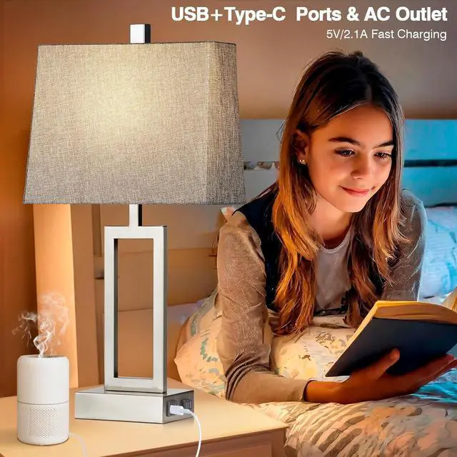 Alt view image 3 of 7 - Touch Control Table Lamps Set of 2, Modern Silver Bedside Lamps with USB A+C Ports & AC Outlet, 3 Way Dimmable Contemporary Nightstand Lamps for Bedroom Living Room(LED Bulb Included)