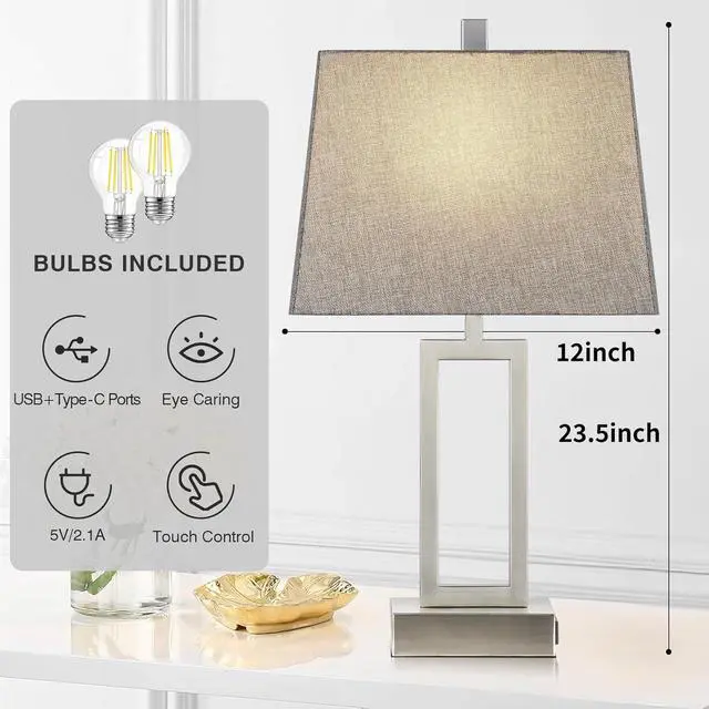 Alt view image 4 of 7 - Touch Control Table Lamps Set of 2, Modern Silver Bedside Lamps with USB A+C Ports & AC Outlet, 3 Way Dimmable Contemporary Nightstand Lamps for Bedroom Living Room(LED Bulb Included)