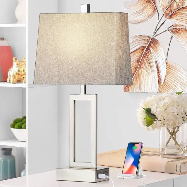 Alt view image 6 of 7 - Touch Control Table Lamps Set of 2, Modern Silver Bedside Lamps with USB A+C Ports & AC Outlet, 3 Way Dimmable Contemporary Nightstand Lamps for Bedroom Living Room(LED Bulb Included)