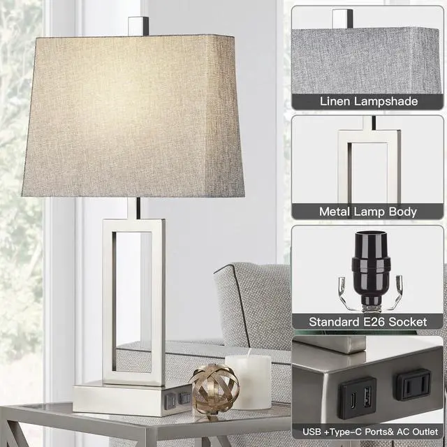 Alt view image 7 of 7 - Touch Control Table Lamps Set of 2, Modern Silver Bedside Lamps with USB A+C Ports & AC Outlet, 3 Way Dimmable Contemporary Nightstand Lamps for Bedroom Living Room(LED Bulb Included)
