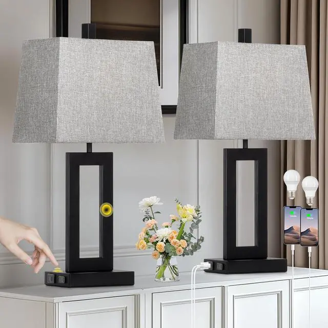 Main image of Touch Control Table Lamp Set of 2, Modern Black Bedside Lamps with USB C+A Ports & AC Outlet, 3 Way Dimmable Bedroom Lamps for Night Stands Bedroom Living Room,Nightstand Lamp