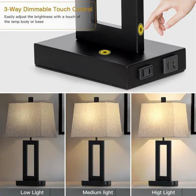 Alt view image 3 of 7 - Touch Control Table Lamp Set of 2, Modern Black Bedside Lamps with USB C+A Ports & AC Outlet, 3 Way Dimmable Bedroom Lamps for Night Stands Bedroom Living Room,Nightstand Lamp