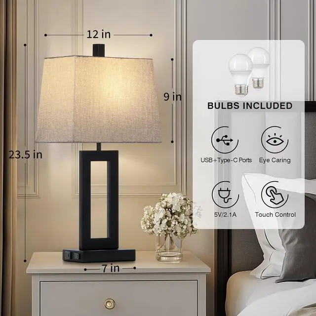 Alt view image 4 of 7 - Touch Control Table Lamp Set of 2, Modern Black Bedside Lamps with USB C+A Ports & AC Outlet, 3 Way Dimmable Bedroom Lamps for Night Stands Bedroom Living Room,Nightstand Lamp