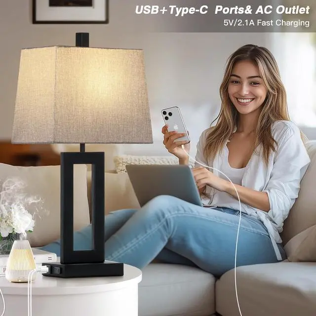 Alt view image 5 of 7 - Touch Control Table Lamp Set of 2, Modern Black Bedside Lamps with USB C+A Ports & AC Outlet, 3 Way Dimmable Bedroom Lamps for Night Stands Bedroom Living Room,Nightstand Lamp