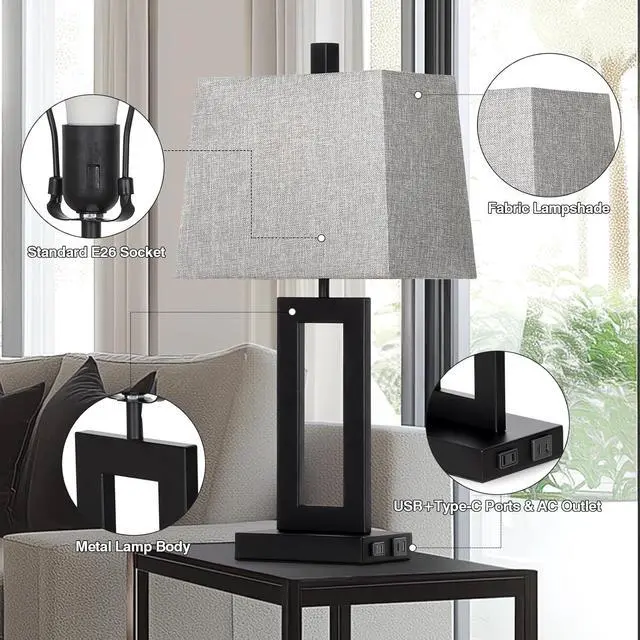 Alt view image 6 of 7 - Touch Control Table Lamp Set of 2, Modern Black Bedside Lamps with USB C+A Ports & AC Outlet, 3 Way Dimmable Bedroom Lamps for Night Stands Bedroom Living Room,Nightstand Lamp