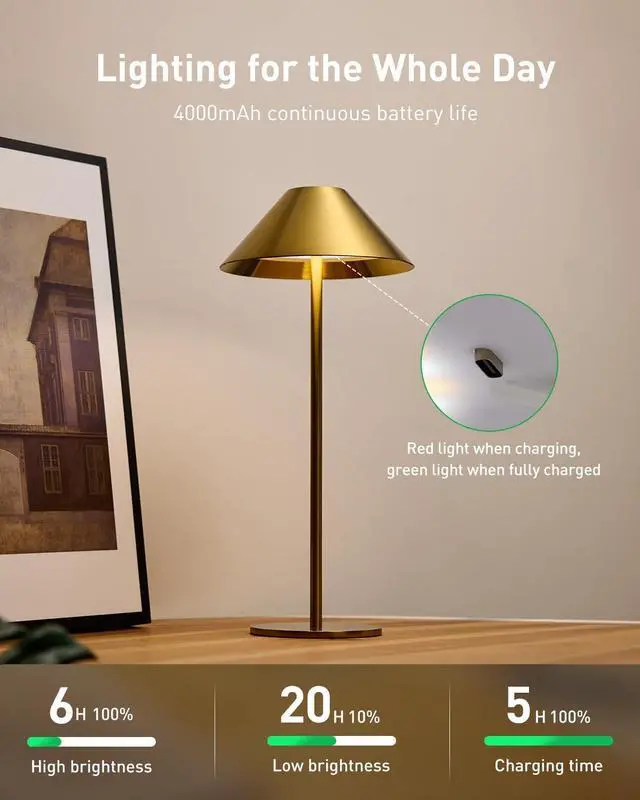 Alt view image 2 of 7 - Bojim Gold Cordless Lamp Set of 2, Rechargeable Touch Table Lamps with 3 Color Dimming, Portable Wireless Lamps for Reading/Home Decor