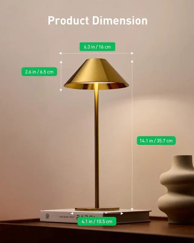 Alt view image 4 of 7 - Bojim Gold Cordless Lamp Set of 2, Rechargeable Touch Table Lamps with 3 Color Dimming, Portable Wireless Lamps for Reading/Home Decor