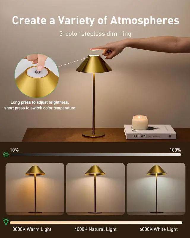 Alt view image 3 of 7 - Bojim Gold Cordless Lamp Set of 2, Rechargeable Touch Table Lamps with 3 Color Dimming, Portable Wireless Lamps for Reading/Home Decor