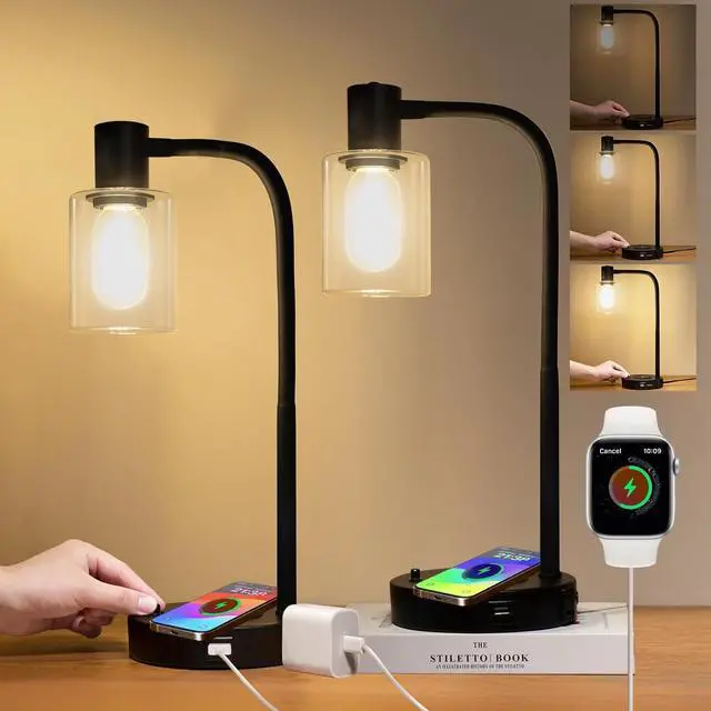 Main image of Industrial Table Lamp with Wireless Charing, Fully Stepless Dimmable Lamps Nightstand Lamps, Desk Lamp with Glass Shade Reading Lamp for Office Living Room (Black 02)