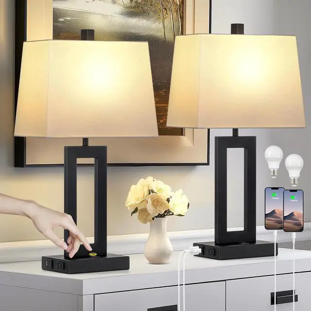 Main image of Table Lamp Set of 2 with USB C+A Ports & AC Outlet, Bedside Lamps, Modern Bedroom Lamps, Black Lamps for Night Stands Bedroom Living Room,Nightstand Lamp