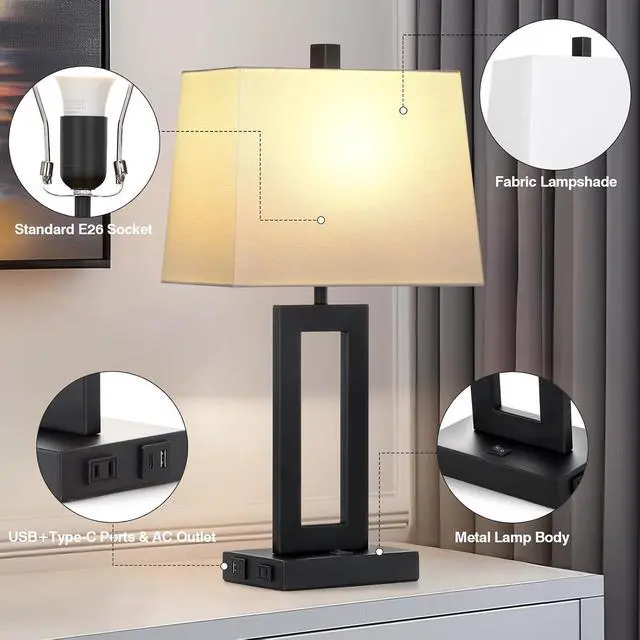 Alt view image 2 of 7 - Table Lamp Set of 2 with USB C+A Ports & AC Outlet, Bedside Lamps, Modern Bedroom Lamps, Black Lamps for Night Stands Bedroom Living Room,Nightstand Lamp