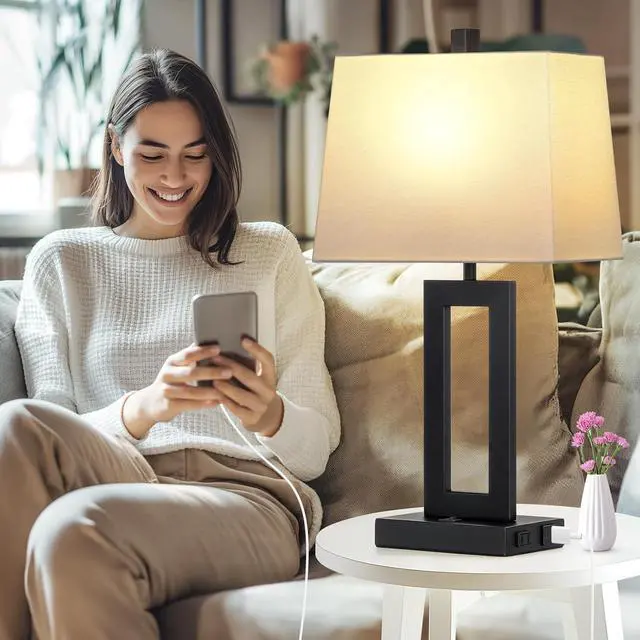 Alt view image 4 of 7 - Table Lamp Set of 2 with USB C+A Ports & AC Outlet, Bedside Lamps, Modern Bedroom Lamps, Black Lamps for Night Stands Bedroom Living Room,Nightstand Lamp