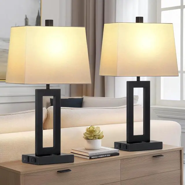 Alt view image 6 of 7 - Table Lamp Set of 2 with USB C+A Ports & AC Outlet, Bedside Lamps, Modern Bedroom Lamps, Black Lamps for Night Stands Bedroom Living Room,Nightstand Lamp