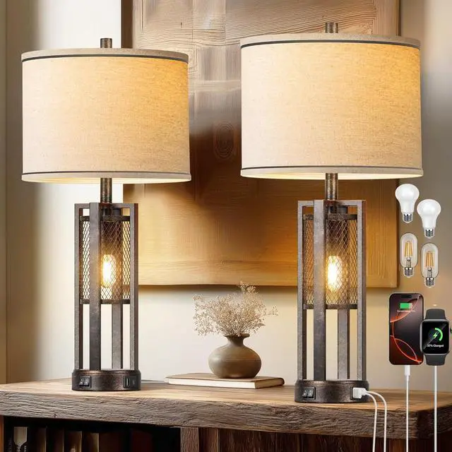 Main image of 28'' Farmhouse Industrial Table Lamp Set of 2 - Rustic Bedside Nightstand Lamps with Dual USB A+C Ports, Bronze Metal Mesh Nightlight Desk Lamps for Bedroom Living Room, 4 LED Bulbs Included