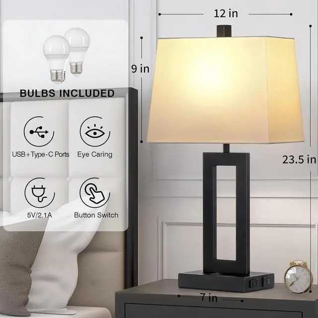 Alt view image 7 of 7 - Table Lamp Set of 2 with USB C+A Ports & AC Outlet, Bedside Lamps, Modern Bedroom Lamps, Black Lamps for Night Stands Bedroom Living Room,Nightstand Lamp