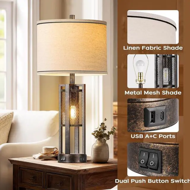 Alt view image 4 of 7 - 28'' Farmhouse Industrial Table Lamp Set of 2 - Rustic Bedside Nightstand Lamps with Dual USB A+C Ports, Bronze Metal Mesh Nightlight Desk Lamps for Bedroom Living Room, 4 LED Bulbs Included