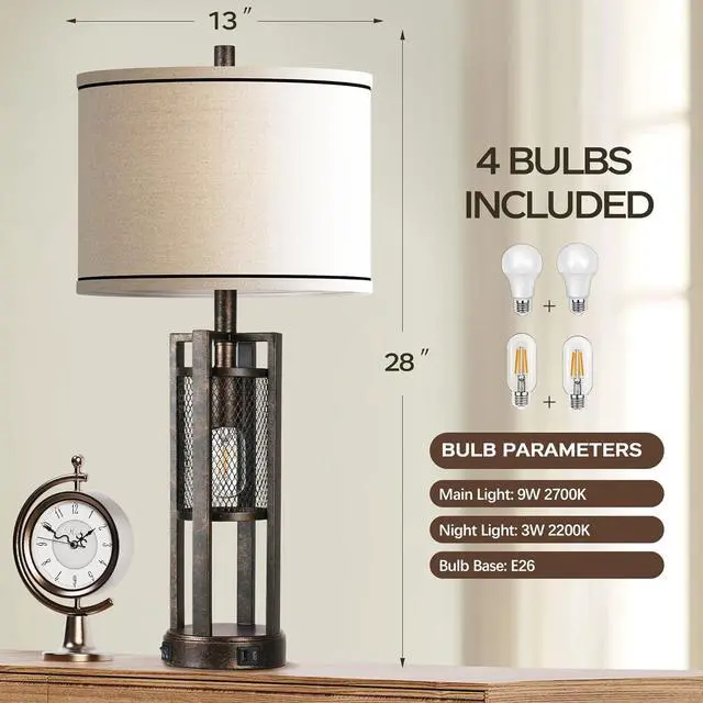 Alt view image 5 of 7 - 28'' Farmhouse Industrial Table Lamp Set of 2 - Rustic Bedside Nightstand Lamps with Dual USB A+C Ports, Bronze Metal Mesh Nightlight Desk Lamps for Bedroom Living Room, 4 LED Bulbs Included