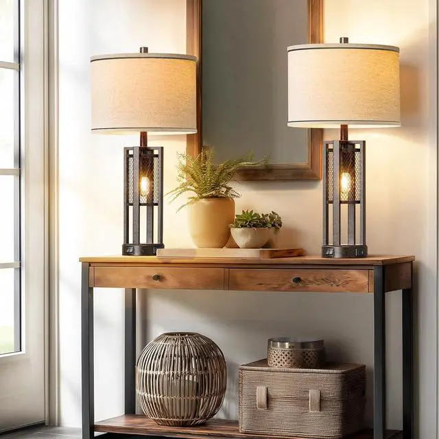 Alt view image 6 of 7 - 28'' Farmhouse Industrial Table Lamp Set of 2 - Rustic Bedside Nightstand Lamps with Dual USB A+C Ports, Bronze Metal Mesh Nightlight Desk Lamps for Bedroom Living Room, 4 LED Bulbs Included