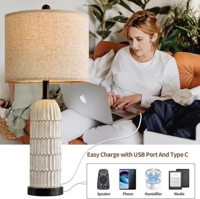 Alt view image 6 of 7 - OYEARS 26.5" Table Lamps Set of 2 - Bedside Lamp with USB A+C Charging Ports,Rustic,Perfect for Nightstands and Bedrooms,Black