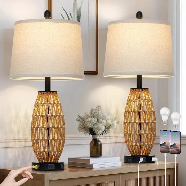 Main image of 27" Rattan Table Lamps Set of 2, Boho Bedside Lamp for Bedroom with Night Light, Coastal Woven Wicker Nightstand Lamps with USB A+C Charging Port & AC Outlet, Tall Farmhouse Living Room Lamp