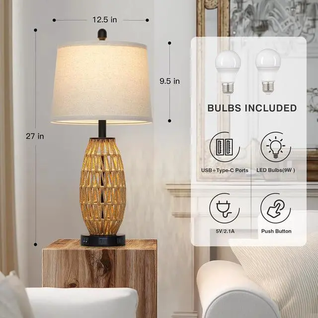 Alt view image 2 of 7 - 27" Rattan Table Lamps Set of 2, Boho Bedside Lamp for Bedroom with Night Light, Coastal Woven Wicker Nightstand Lamps with USB A+C Charging Port & AC Outlet, Tall Farmhouse Living Room Lamp