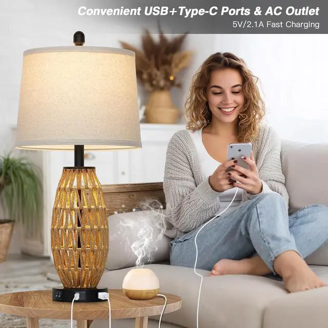 Alt view image 3 of 7 - 27" Rattan Table Lamps Set of 2, Boho Bedside Lamp for Bedroom with Night Light, Coastal Woven Wicker Nightstand Lamps with USB A+C Charging Port & AC Outlet, Tall Farmhouse Living Room Lamp