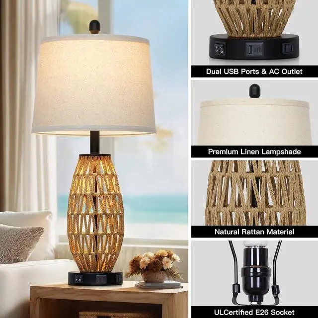 Alt view image 4 of 7 - 27" Rattan Table Lamps Set of 2, Boho Bedside Lamp for Bedroom with Night Light, Coastal Woven Wicker Nightstand Lamps with USB A+C Charging Port & AC Outlet, Tall Farmhouse Living Room Lamp