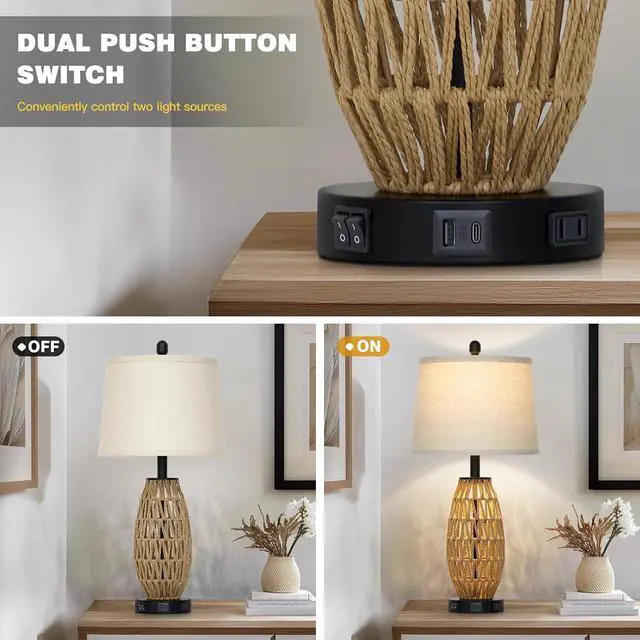 Alt view image 5 of 7 - 27" Rattan Table Lamps Set of 2, Boho Bedside Lamp for Bedroom with Night Light, Coastal Woven Wicker Nightstand Lamps with USB A+C Charging Port & AC Outlet, Tall Farmhouse Living Room Lamp