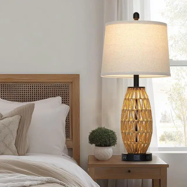 Alt view image 6 of 7 - 27" Rattan Table Lamps Set of 2, Boho Bedside Lamp for Bedroom with Night Light, Coastal Woven Wicker Nightstand Lamps with USB A+C Charging Port & AC Outlet, Tall Farmhouse Living Room Lamp