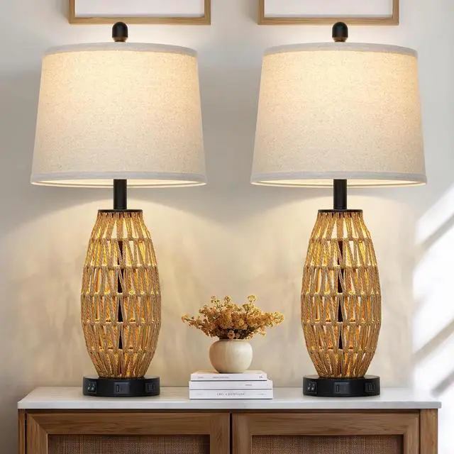 Alt view image 7 of 7 - 27" Rattan Table Lamps Set of 2, Boho Bedside Lamp for Bedroom with Night Light, Coastal Woven Wicker Nightstand Lamps with USB A+C Charging Port & AC Outlet, Tall Farmhouse Living Room Lamp