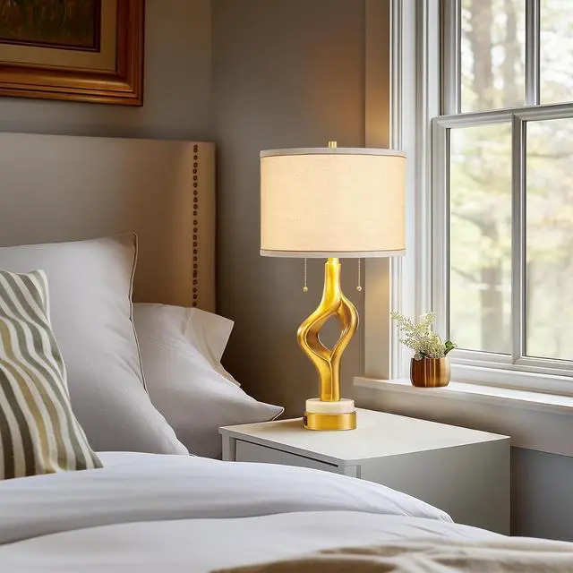 Alt view image 3 of 7 - 26 Modern Table Lamp Set of 2 for Living Room Bedroom, Gold Sculptural Table Lamp with 2 USB Ports, Resin Desk Lamps Marble Base with Double Pull Chains for Bedside End Tables, Bulb Included