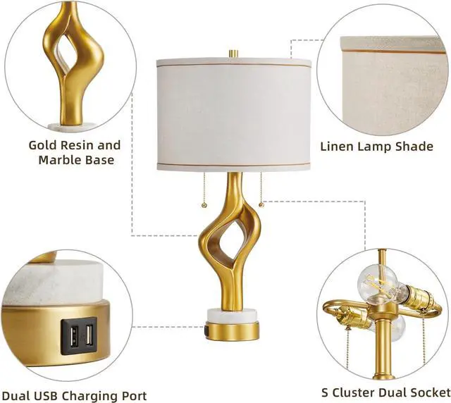 Alt view image 5 of 7 - 26 Modern Table Lamp Set of 2 for Living Room Bedroom, Gold Sculptural Table Lamp with 2 USB Ports, Resin Desk Lamps Marble Base with Double Pull Chains for Bedside End Tables, Bulb Included