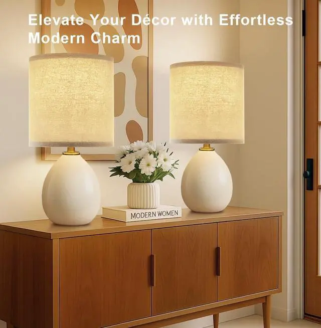 Alt view image 2 of 7 - 18.5" Table Lamp Set of 2 for Living Room Bedroom, Bedside Lamps for Night Stands, Desk Nightstand Lamp Dimmable, Modern Linen Cream Ceramic Lamps
