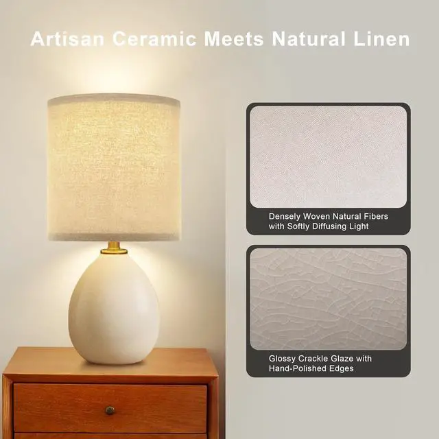 Alt view image 5 of 7 - 18.5" Table Lamp Set of 2 for Living Room Bedroom, Bedside Lamps for Night Stands, Desk Nightstand Lamp Dimmable, Modern Linen Cream Ceramic Lamps