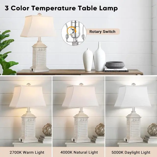 Alt view image 2 of 6 - Hamucd Coastal Table Lamps Set of 2, Beach Living Lamps for Bedroom with USB A+C, Washed White Modern Resin LED 3-Color Temperature Bedside Nautical Decor, Nightstand Tropical Lamps for End Table.