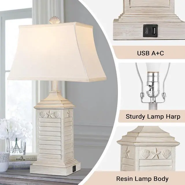 Alt view image 5 of 6 - Hamucd Coastal Table Lamps Set of 2, Beach Living Lamps for Bedroom with USB A+C, Washed White Modern Resin LED 3-Color Temperature Bedside Nautical Decor, Nightstand Tropical Lamps for End Table.