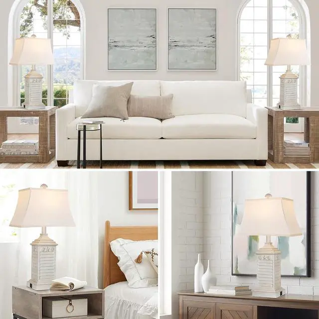 Alt view image 6 of 6 - Hamucd Coastal Table Lamps Set of 2, Beach Living Lamps for Bedroom with USB A+C, Washed White Modern Resin LED 3-Color Temperature Bedside Nautical Decor, Nightstand Tropical Lamps for End Table.