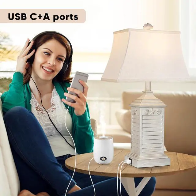 Alt view image 3 of 6 - Hamucd Coastal Table Lamps Set of 2, Beach Living Lamps for Bedroom with USB A+C, Washed White Modern Resin LED 3-Color Temperature Bedside Nautical Decor, Nightstand Tropical Lamps for End Table.