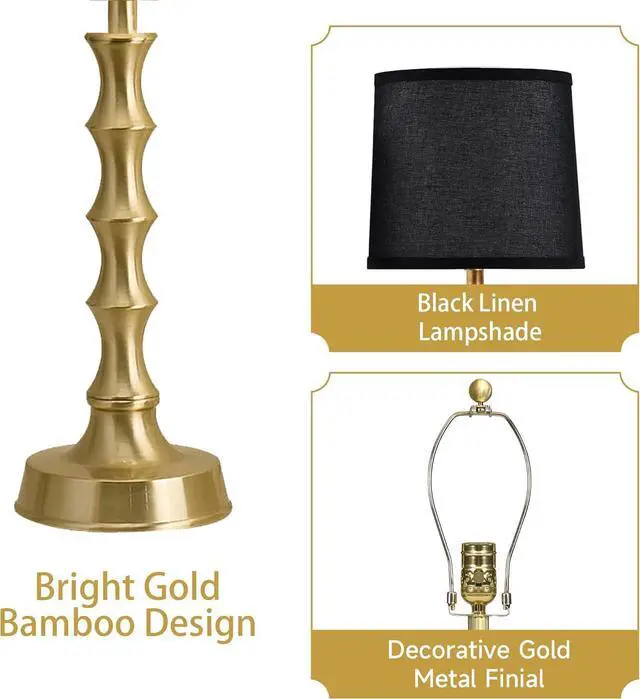 Alt view image 4 of 7 - 24" Small Black Lamp for Bedroom, Black Gold Table Lamps for Living Room Set of 2, Retro Gold Lamps for Nightstand Set of 2, Retro Small Table Lamp for Sofa Table, Nursery, Small Reading Lamps