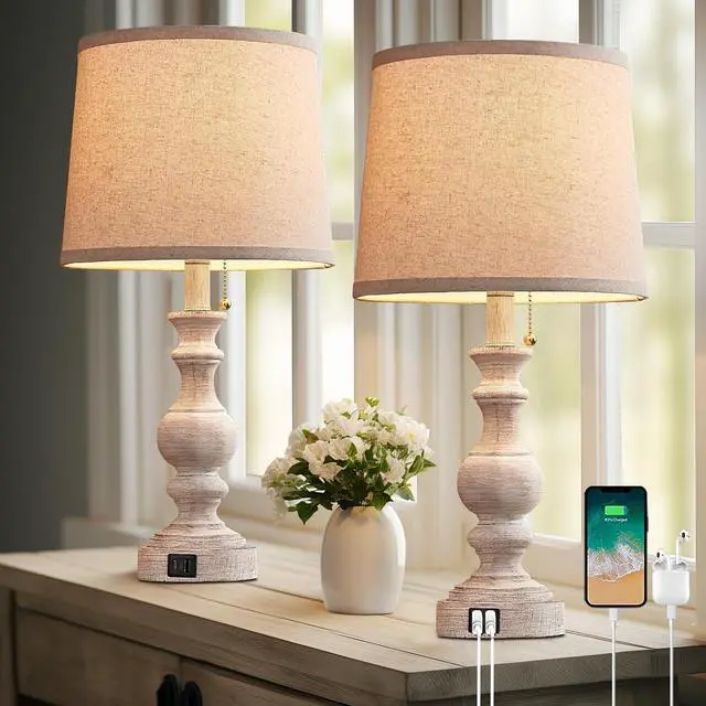 Main image of Table Lamp for Bedroom Set of 2 Farmhouse Bedside Lamps for Nightstand with USB C+A Charging Ports Traditional Table Lamps for Living Room - Pull Chain Switch, Bulbs Not Included