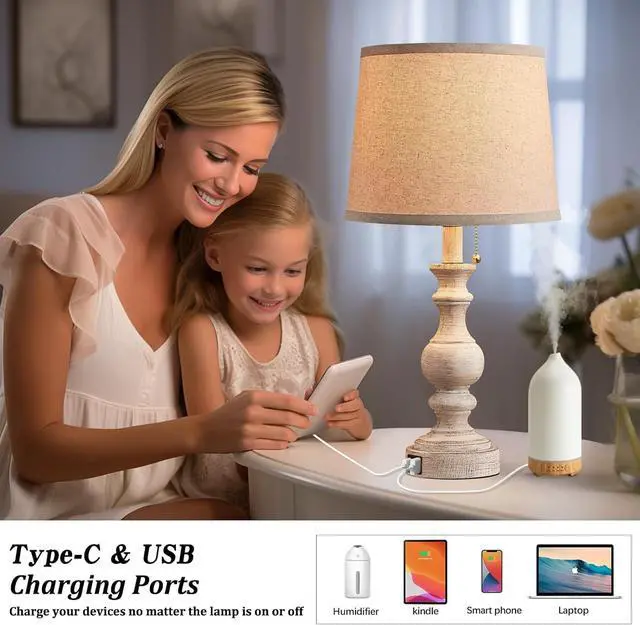 Alt view image 3 of 7 - Table Lamp for Bedroom Set of 2 Farmhouse Bedside Lamps for Nightstand with USB C+A Charging Ports Traditional Table Lamps for Living Room - Pull Chain Switch, Bulbs Not Included