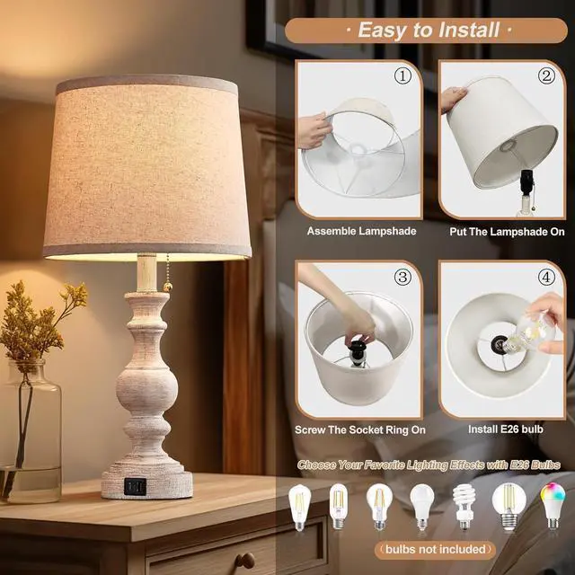 Alt view image 6 of 7 - Table Lamp for Bedroom Set of 2 Farmhouse Bedside Lamps for Nightstand with USB C+A Charging Ports Traditional Table Lamps for Living Room - Pull Chain Switch, Bulbs Not Included