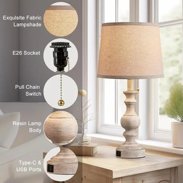 Alt view image 5 of 7 - Table Lamp for Bedroom Set of 2 Farmhouse Bedside Lamps for Nightstand with USB C+A Charging Ports Traditional Table Lamps for Living Room - Pull Chain Switch, Bulbs Not Included